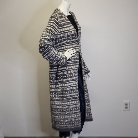 J Jill Womens M Fair Isle Boucle Duster Cardigan Sweater Gray Ivory Cotton Blnd - Picture 5 of 10